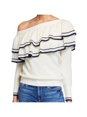 Frame Small Denim Ruffle One Shoulder Wool Blend Asymmetrical Sweater